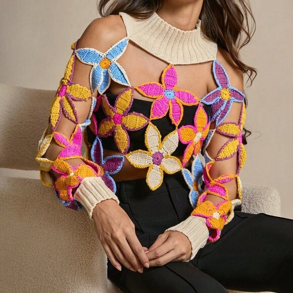 Apricot Casual Women's Hollow Out Floral Pattern Crew Neck Long Sleeve Sweater - Picture 5 of 7